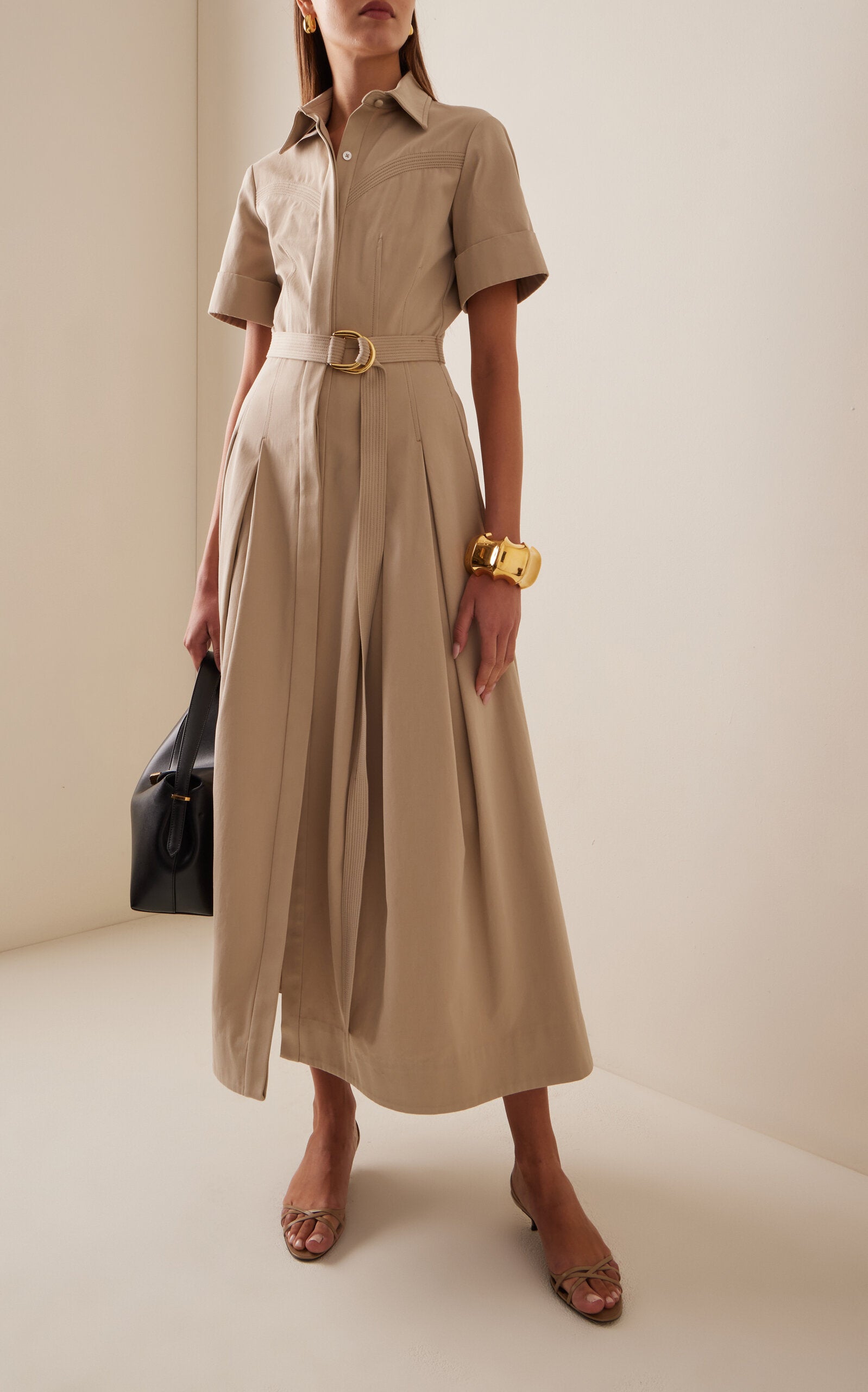 Belted Cotton Twill Midi Shirt Dress Full of charm simple and atmospheric