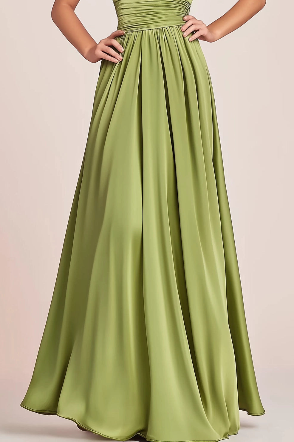 Wedding Guest Semiformal Dress Green Satin Flower Spaghetti Strap Floor-Length Gown