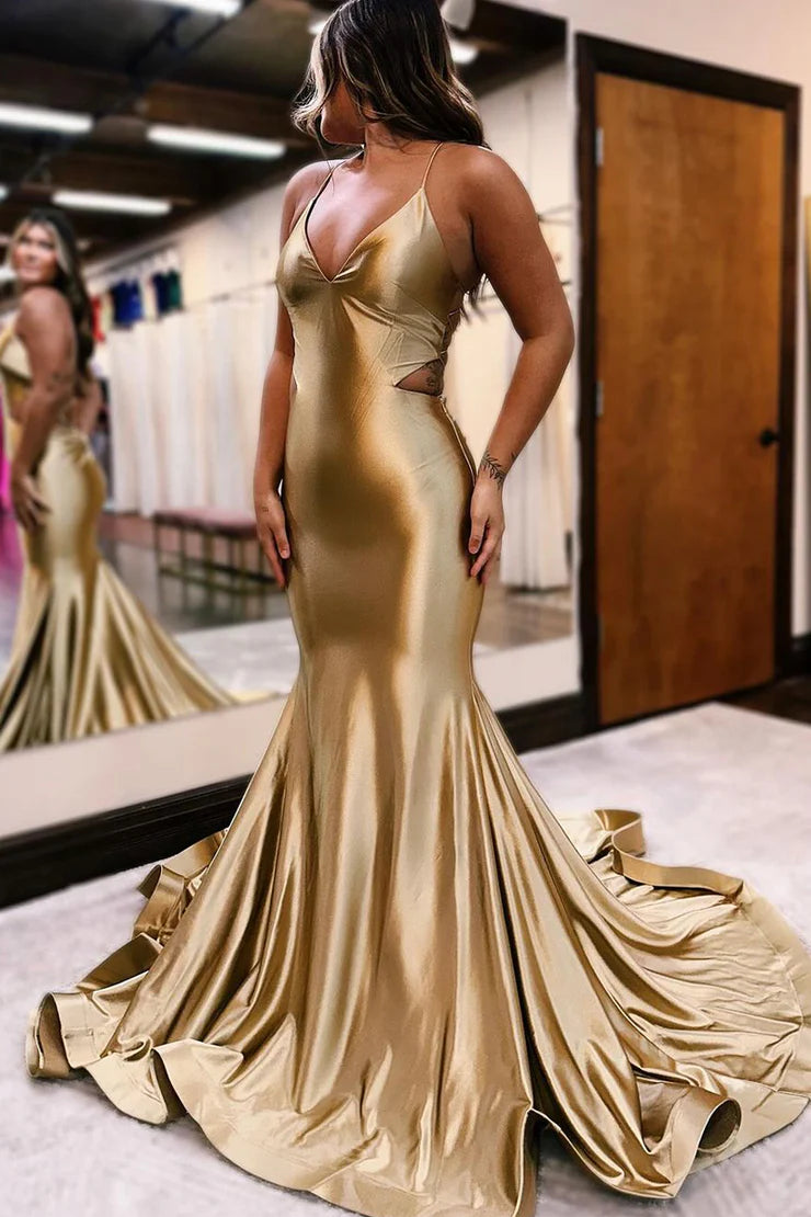 Charming Mermaid V Neck Gold Satin Long Prom Dress