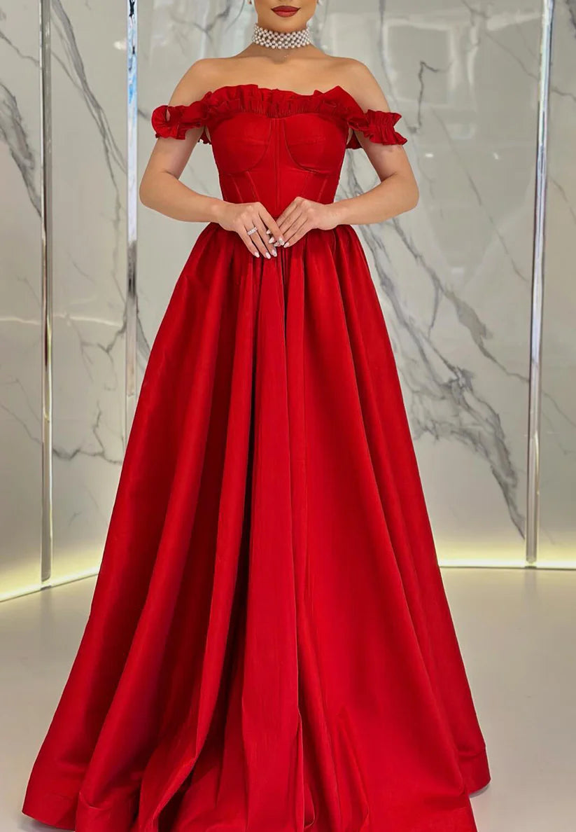 Off-Shoulder Sleeveless Ruffled Pleated A-Line Prom Dresss Simple gentle beautiful and unique design
