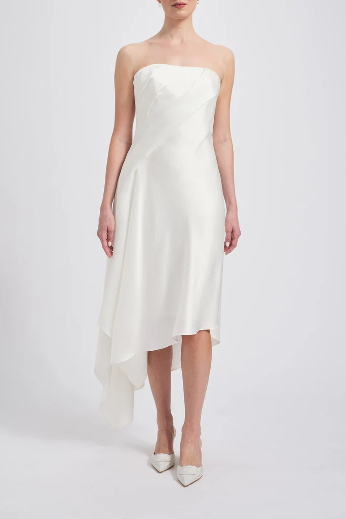 Fluid satin asymmetric handkerchief strapless dressShown in Ivory Simple atmo spheric beautiful and unique desig