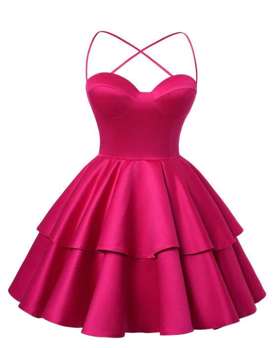 Satin Homecoming Dress Sweetheart Neck Tiered Short Graduation Dresses