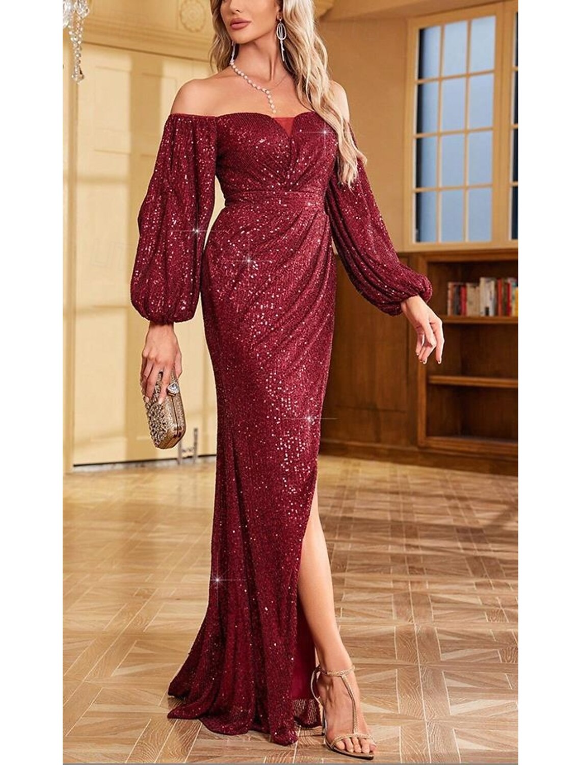 A-Line Mermaid / Trumpet Evening Gown Elegant Dress Wedding Sweep / Brush Train Short Sleeve Off Shoulder Fall Wedding Guest with Glitter Sequin