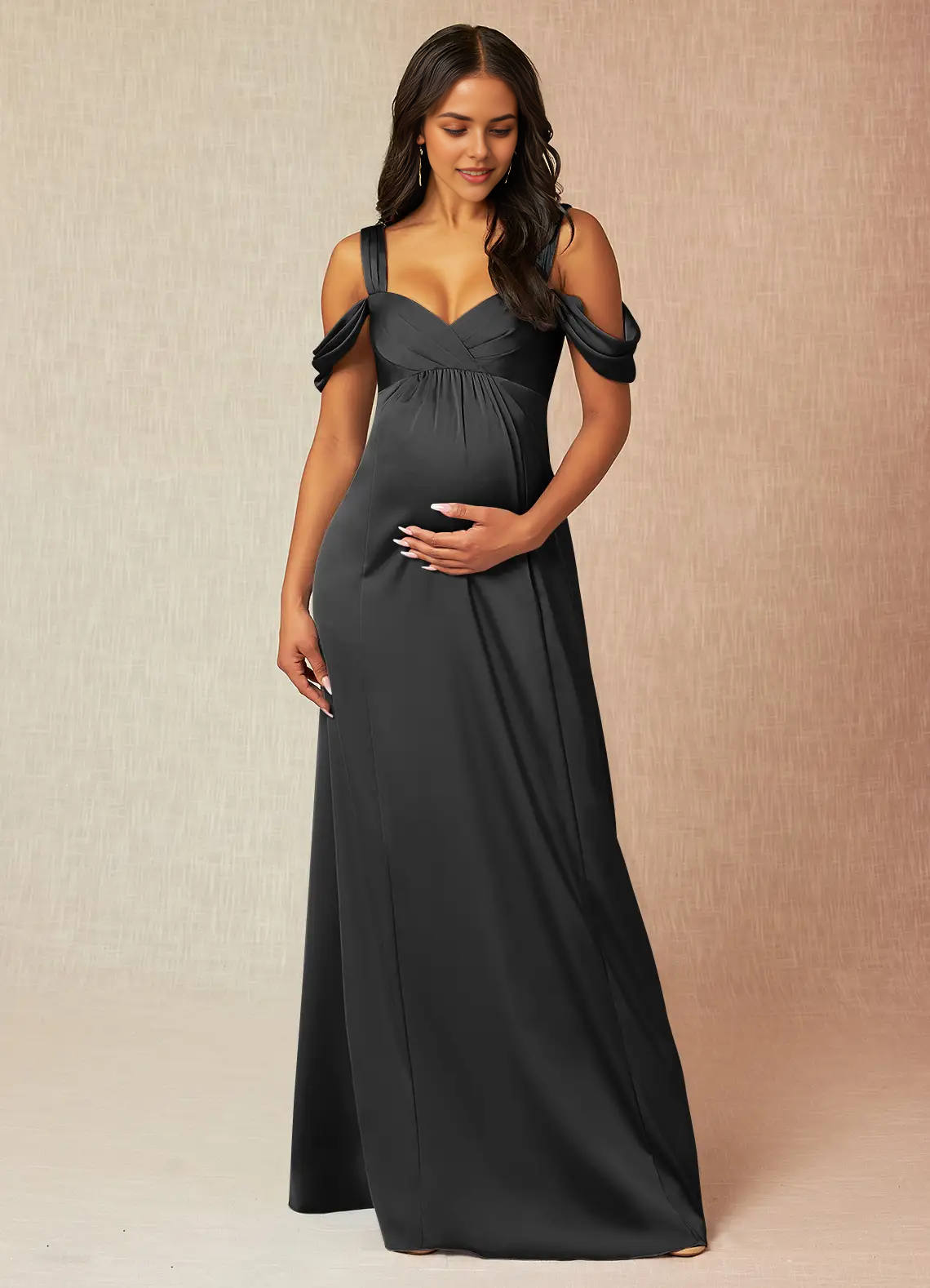 Black Cold-Shoulder Maternity Maxi Dress with Bow Back A-Line Off-The-Shouler Pleated Stretch Satin Floor-Length Dress black Bridesmaid Dresses