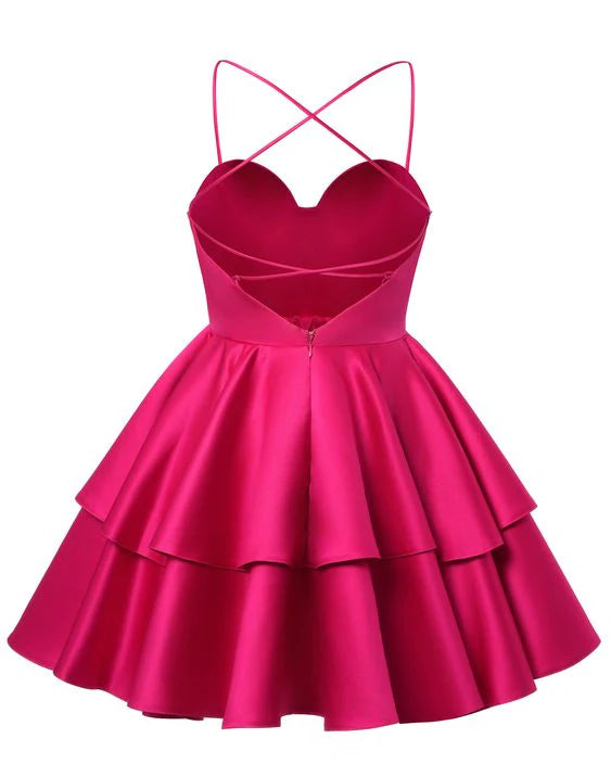 Satin Homecoming Dress Sweetheart Neck Tiered Short Graduation Dresses