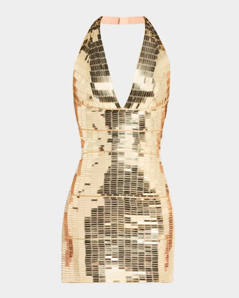 Charming and unique design Beautiful generous simple Sequined Plunging Halter Mini Dress