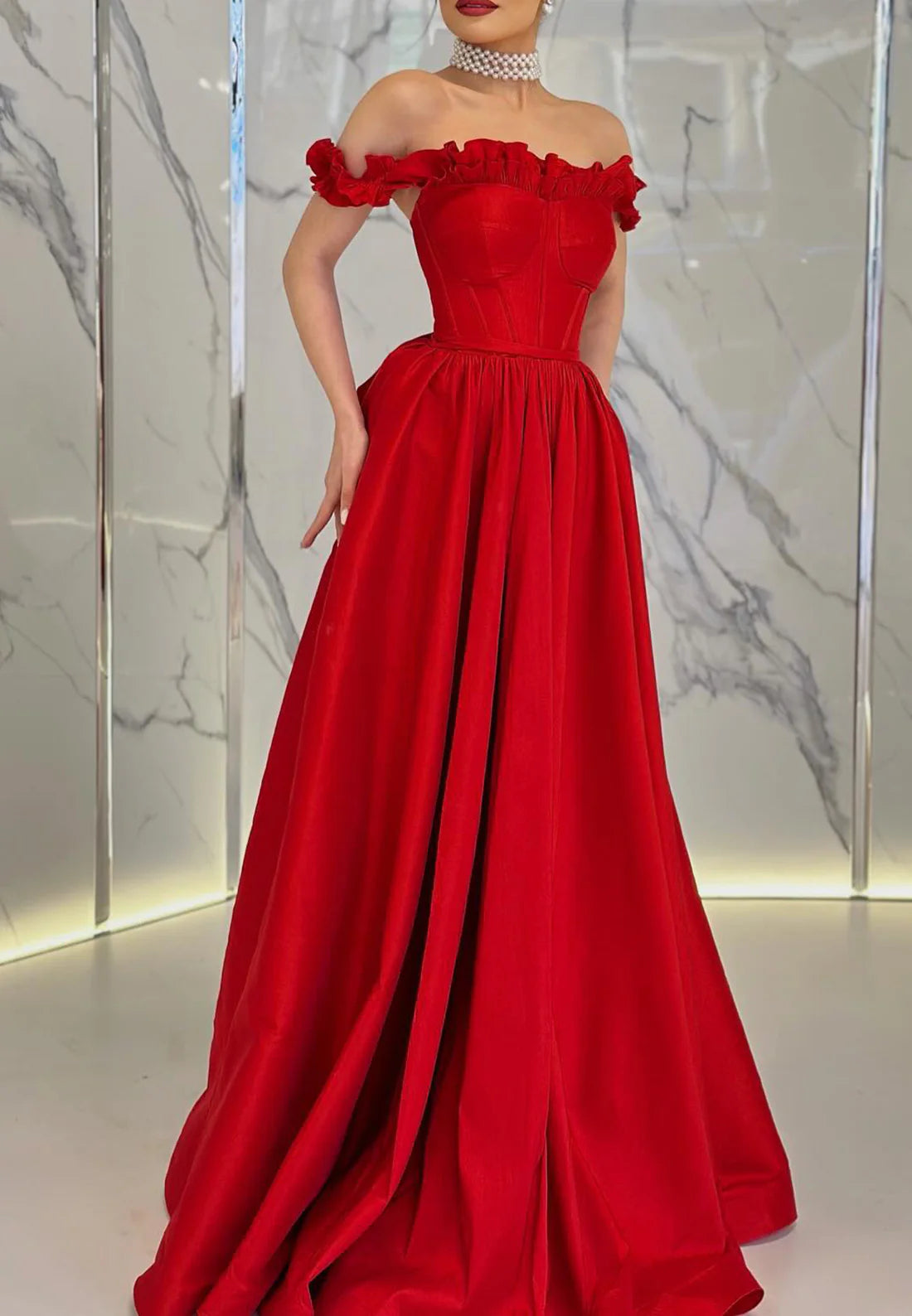 Off-Shoulder Sleeveless Ruffled Pleated A-Line Prom Dresss Simple gentle beautiful and unique design