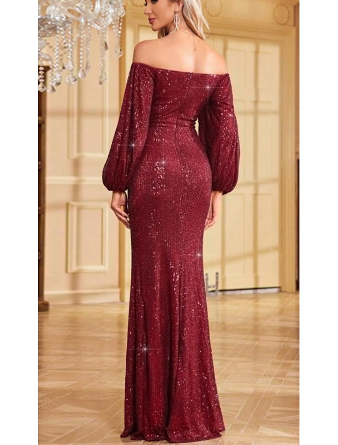 A-Line Mermaid / Trumpet Evening Gown Elegant Dress Wedding Sweep / Brush Train Short Sleeve Off Shoulder Fall Wedding Guest with Glitter Sequin