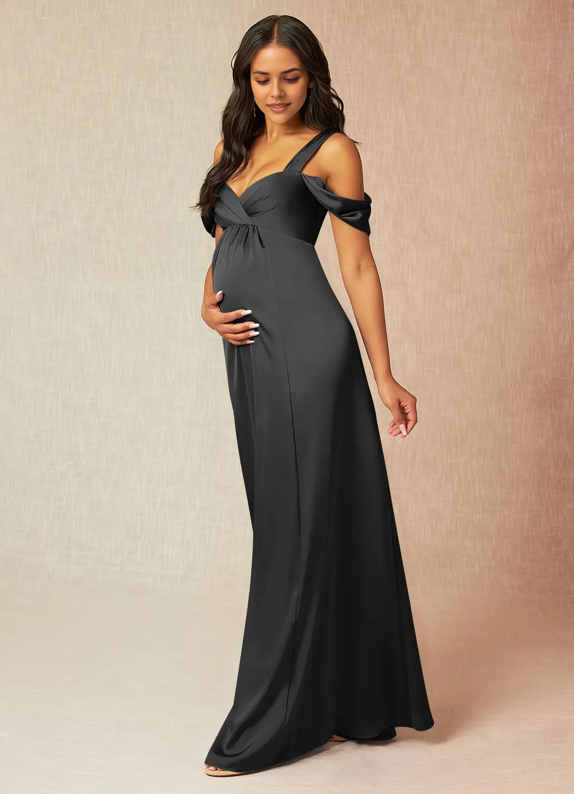 Black Cold-Shoulder Maternity Maxi Dress with Bow Back A-Line Off-The-Shouler Pleated Stretch Satin Floor-Length Dress black Bridesmaid Dresses