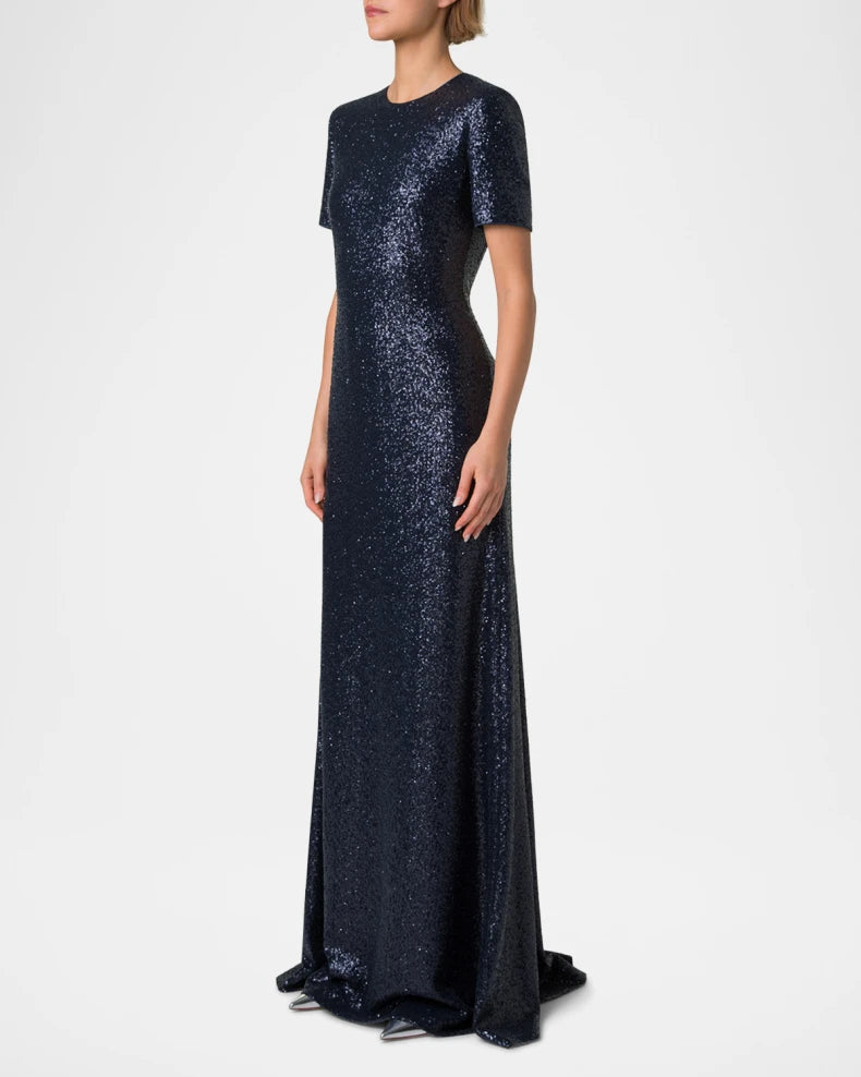 Short-Sleeve Stretch Paillette Jersey Gown Beautiful and charming simple and unique design