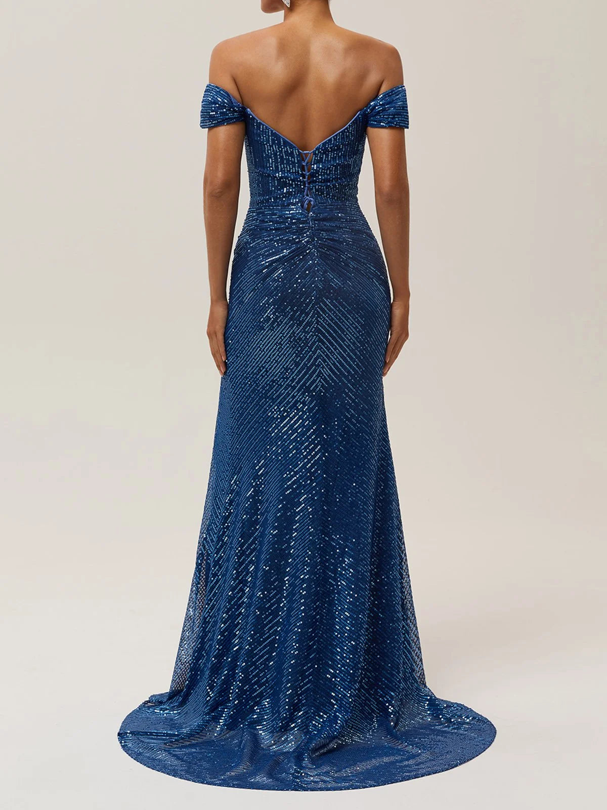 Simple beautiful generous and full of charm Blue Ruched Slit Sequin Off The Shoulder Short Sleeve Sheath Gown