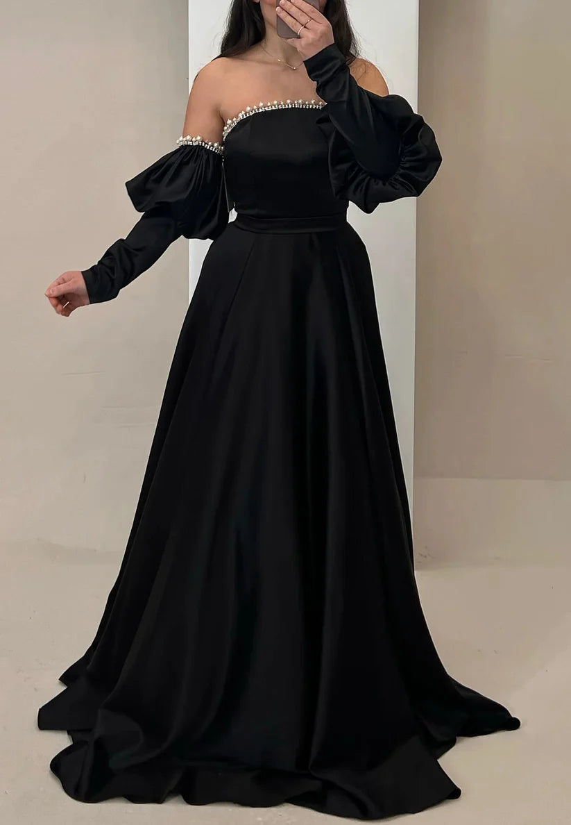 Off-Shoulder Long Sleeves Pleated Beaded A-Line Evening Dress Simple gentle beautiful and unique design