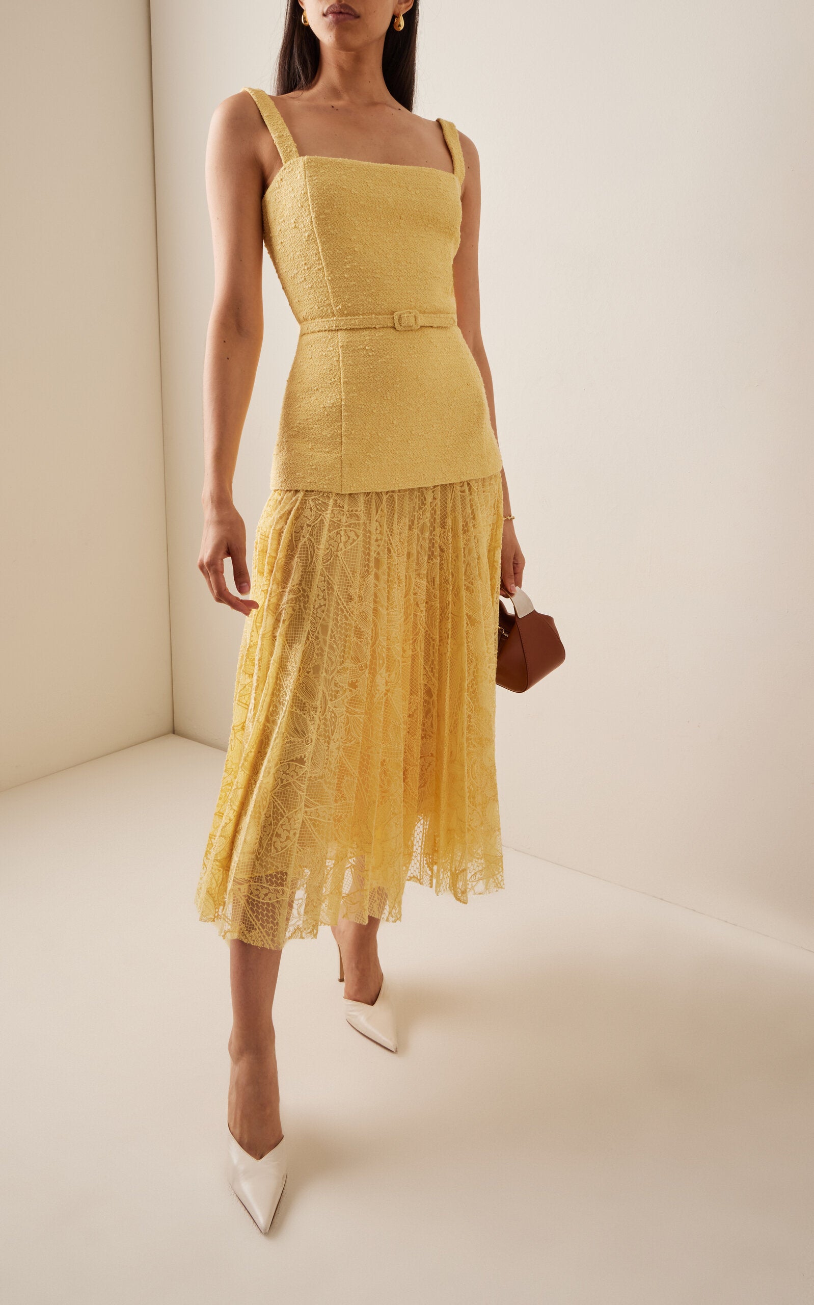 Pleated Tweed-Lace Midi Dress Simple gentle beautiful and grand