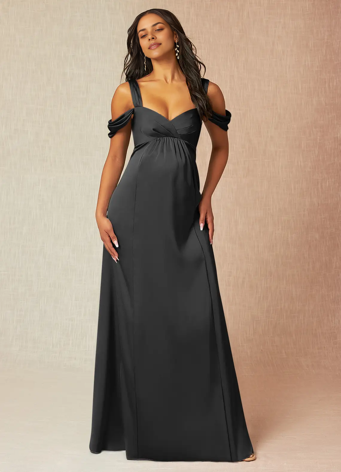 Black Cold-Shoulder Maternity Maxi Dress with Bow Back A-Line Off-The-Shouler Pleated Stretch Satin Floor-Length Dress black Bridesmaid Dresses