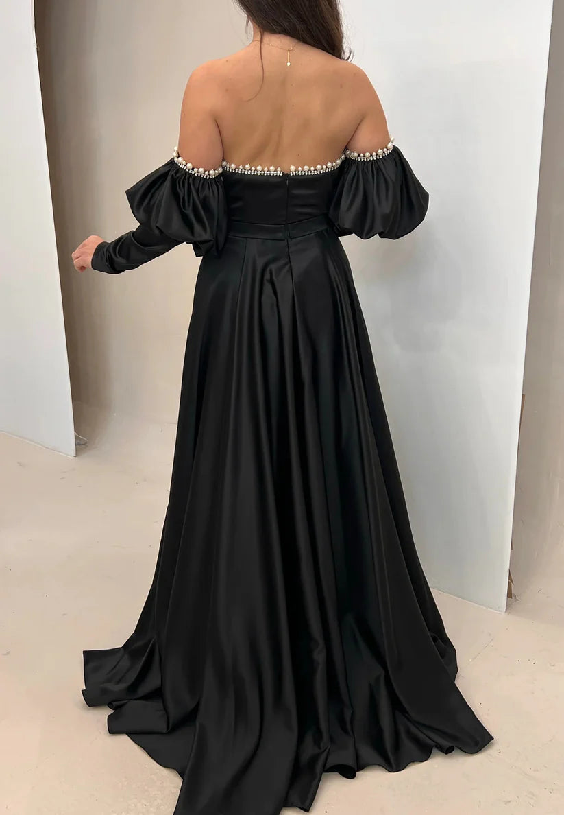 Off-Shoulder Long Sleeves Pleated Beaded A-Line Evening Dress Simple gentle beautiful and unique design