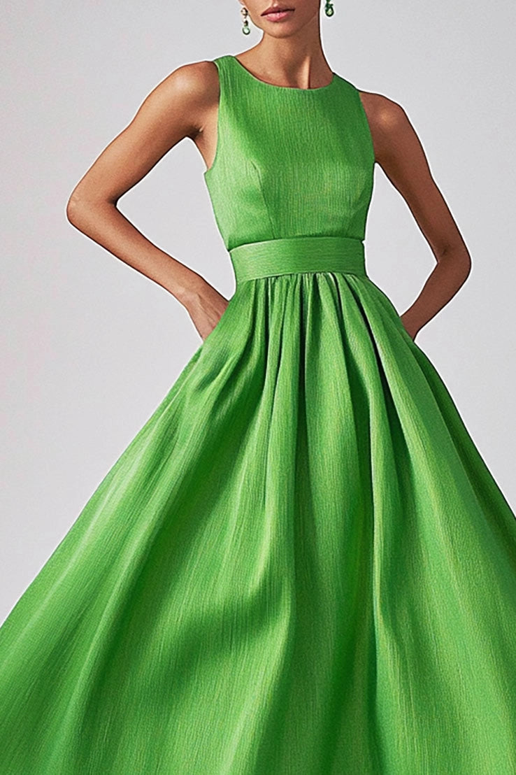 Daily Sleeveless Prom Dress Sage Green Crew Neck Long Dress Maxi Dress