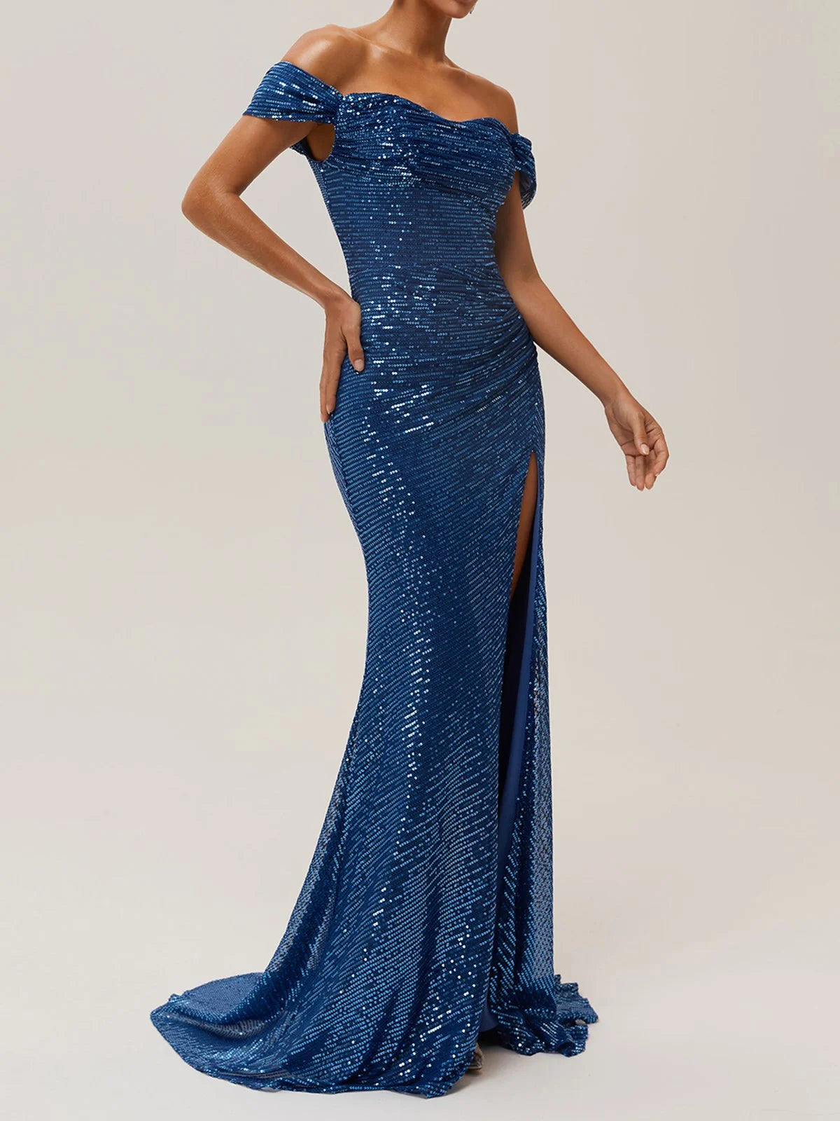 Simple beautiful generous and full of charm Blue Ruched Slit Sequin Off The Shoulder Short Sleeve Sheath Gown