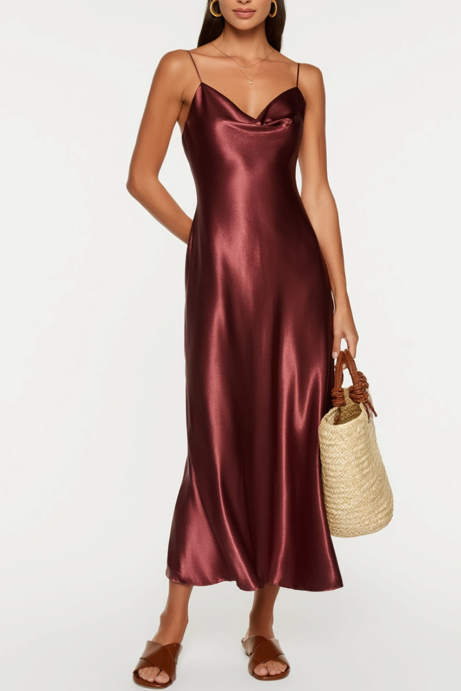 Cocktail Party Dress Satin Burgundy Straps Maxi Dress Simple beautiful generous and full of charm