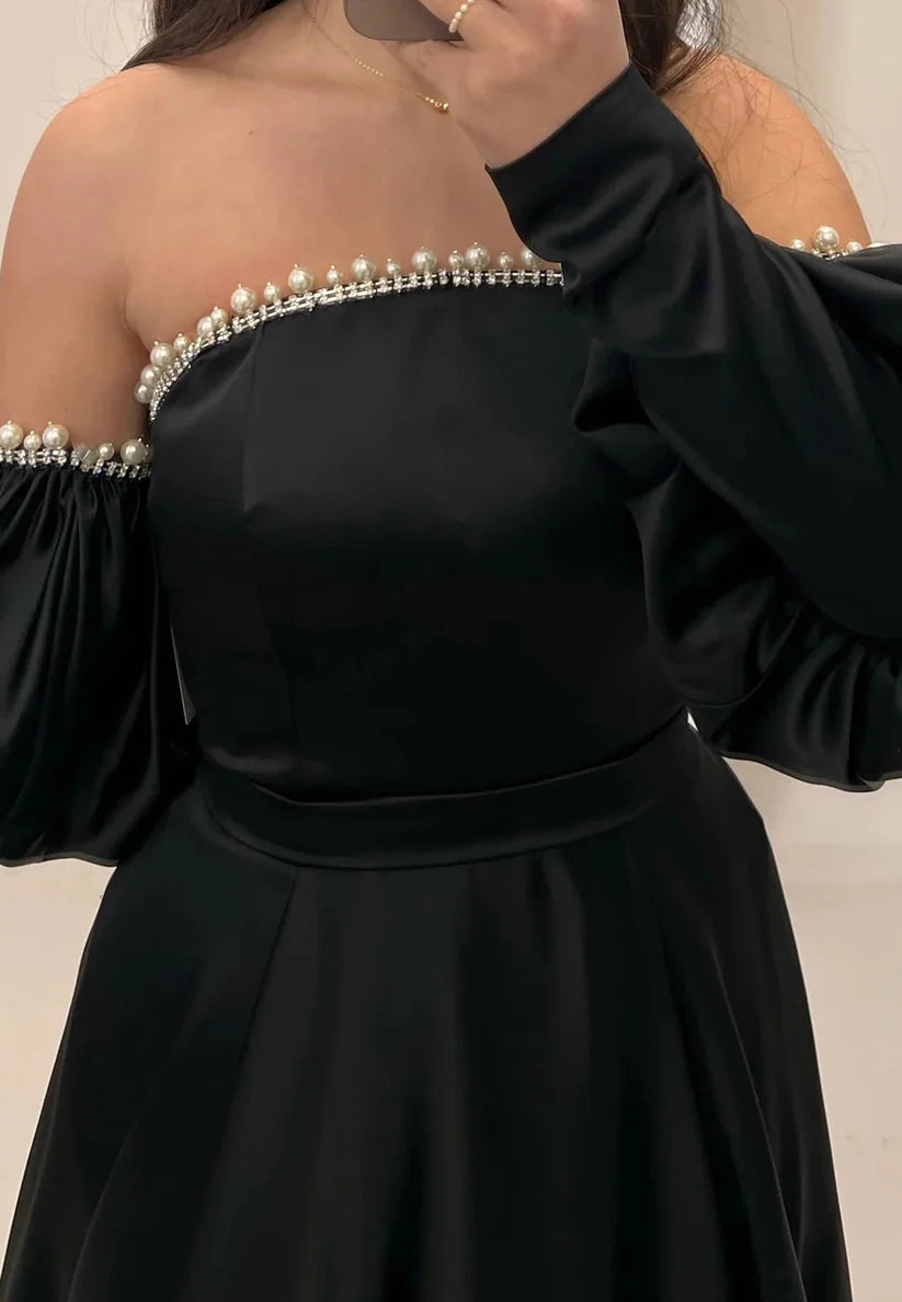 Off-Shoulder Long Sleeves Pleated Beaded A-Line Evening Dress Simple gentle beautiful and unique design