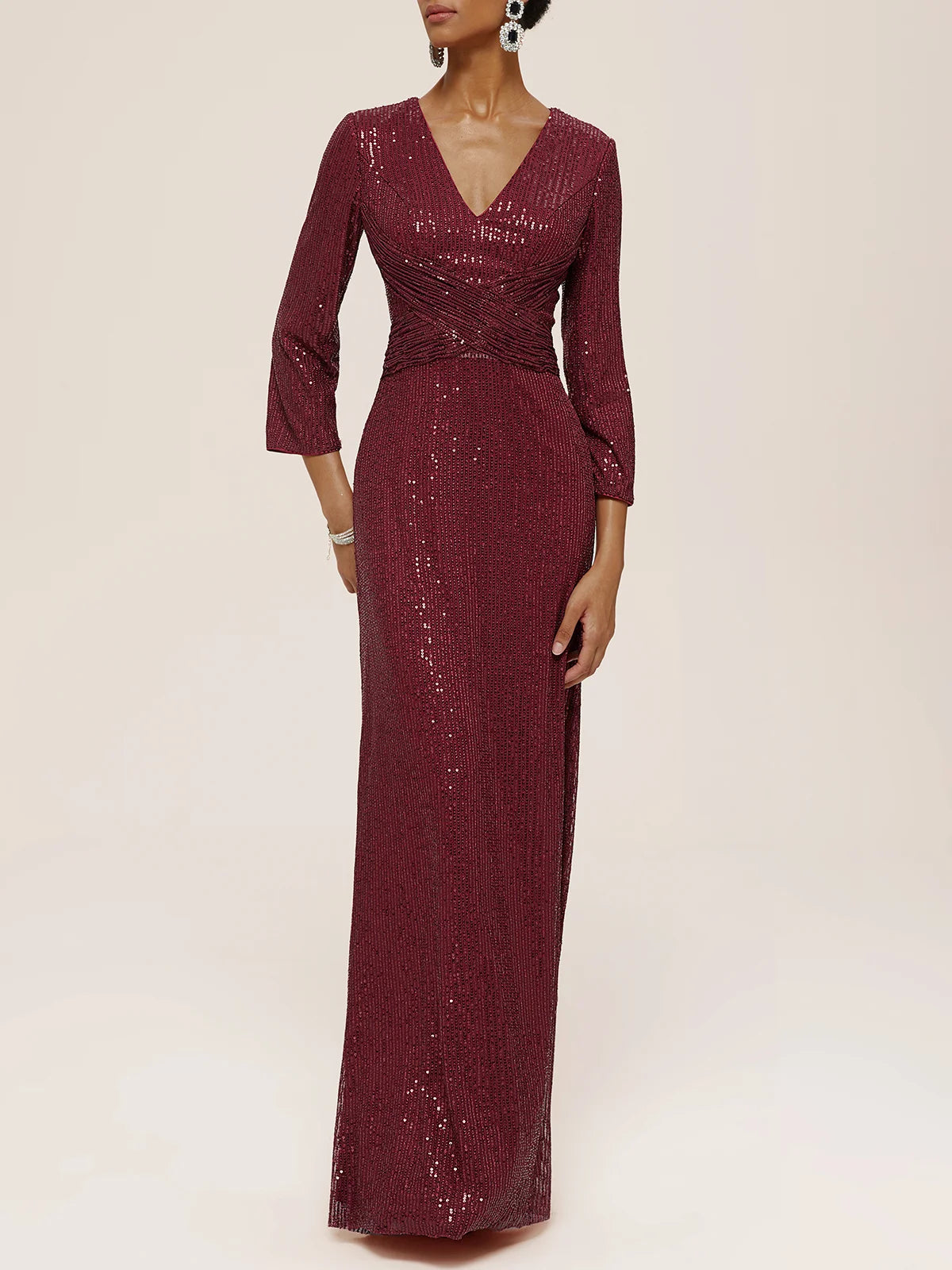 Simple beautiful generous and full of charm Red Ruched Sequin V Neck Three Quarter Sleeve Sheath Maxi Dress