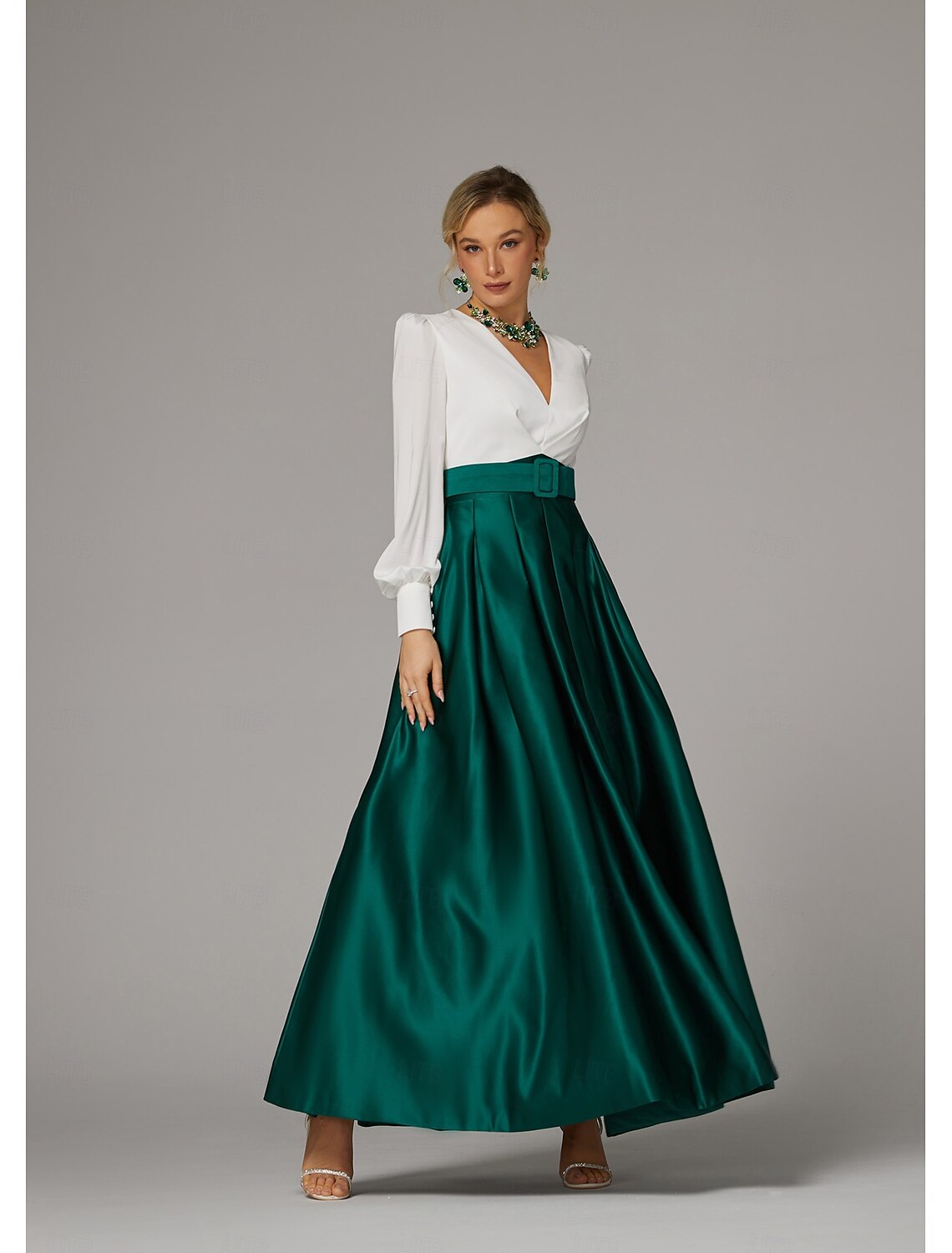 A-Line Evening Gown High Split Dress Formal Wedding Guest Floor Length Long Sleeve V Neck Fall Wedding Guest Satin with Pleats Slit