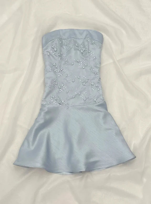 Cute Blue A Line Strapless Embroidery Satin Short Homecoming Dress Outfits simple gentle atmospheric and unique desi Bring summer colors to enhance whiteness