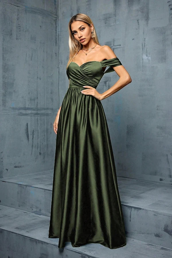 Army Green Off the Shoulder Satin A-Line Long Prom Dress simple gentle atmospheric and unique desi Bring summer colors to enhance whiteness