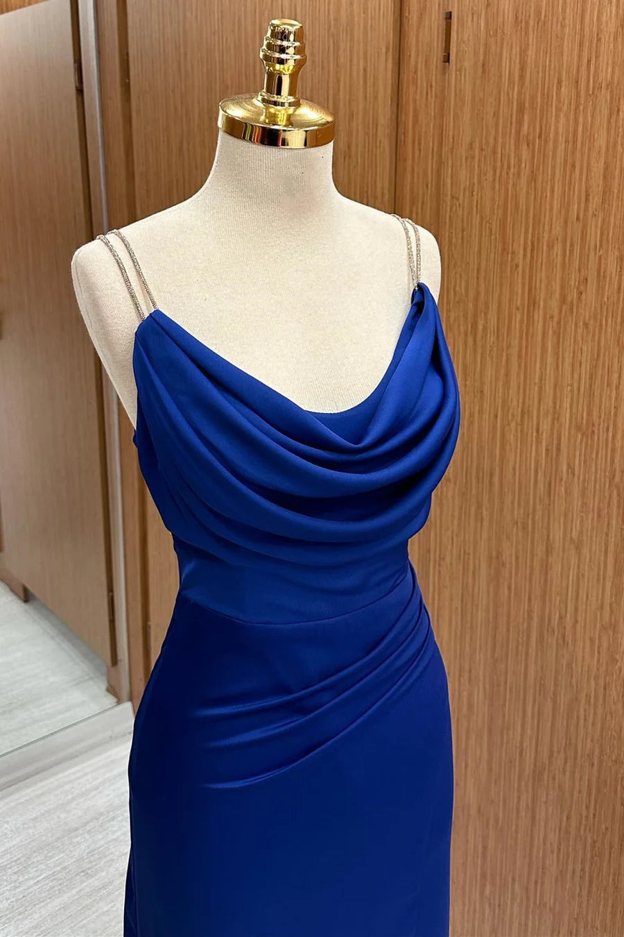 Royal Blue Cowl Neck Sheath Maxi Dress with Slit