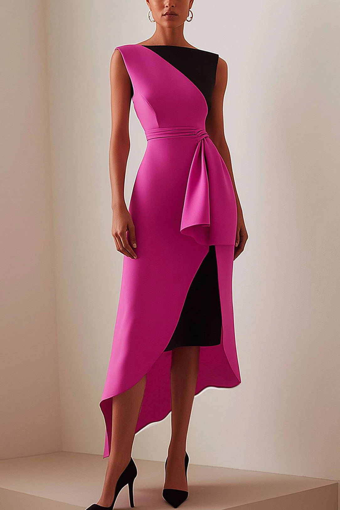 Simple beautiful generous and full of charm Prom Dress Daily Work Asymmetrical Dress Color-Block Sleeveless Low Waist Midi Dress