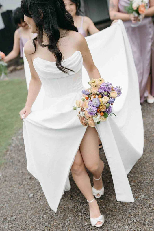 A-Line Strapless Pleated Satin Long Beach Wedding Dress