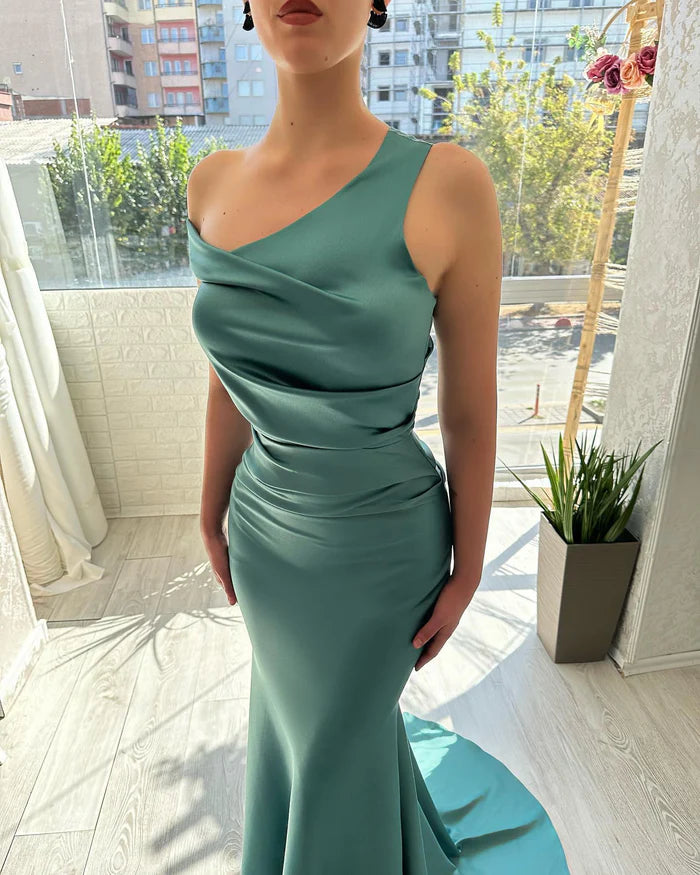 Designer Mermaid Long Green Elegant Sleeveless Satin Prom Dress Sequins Simple gentle atmospheric and unique design