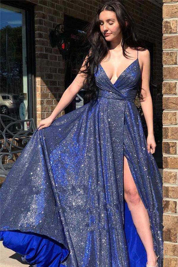 Sparkly V Neck Straps A-Line Long Prom Dress Evening Dress