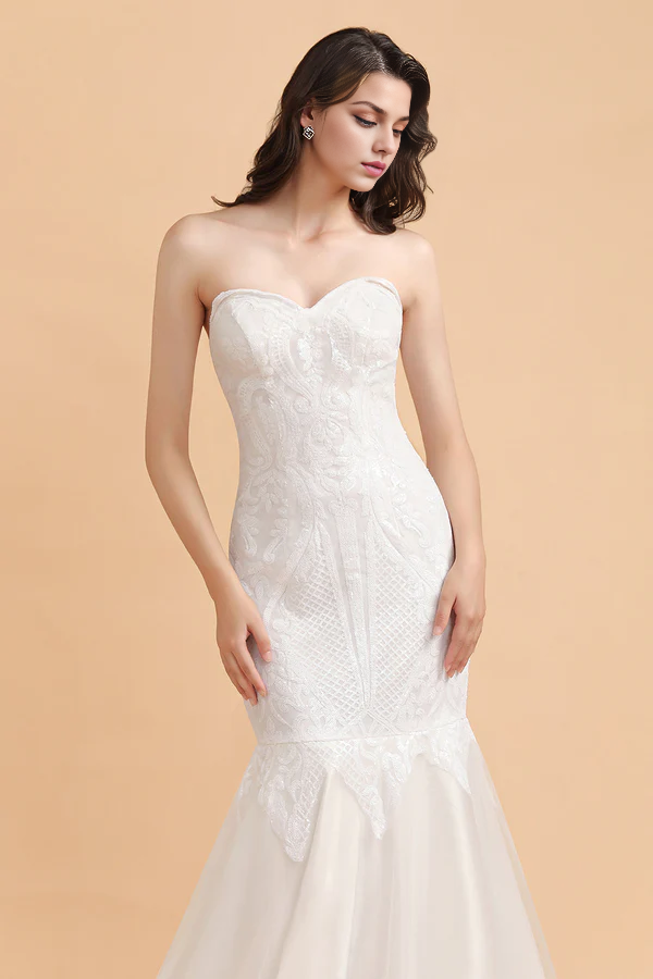 Chic Strapless Sweetheart Ivory Mermaid Prom Dresses Sleeveless Appliques Sequined Evening Dresses On Sale Simple gentle atmospheric and unique design