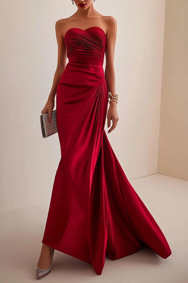 Elegant Formal Red Maxi Prom Dress Strapless Evening Gown