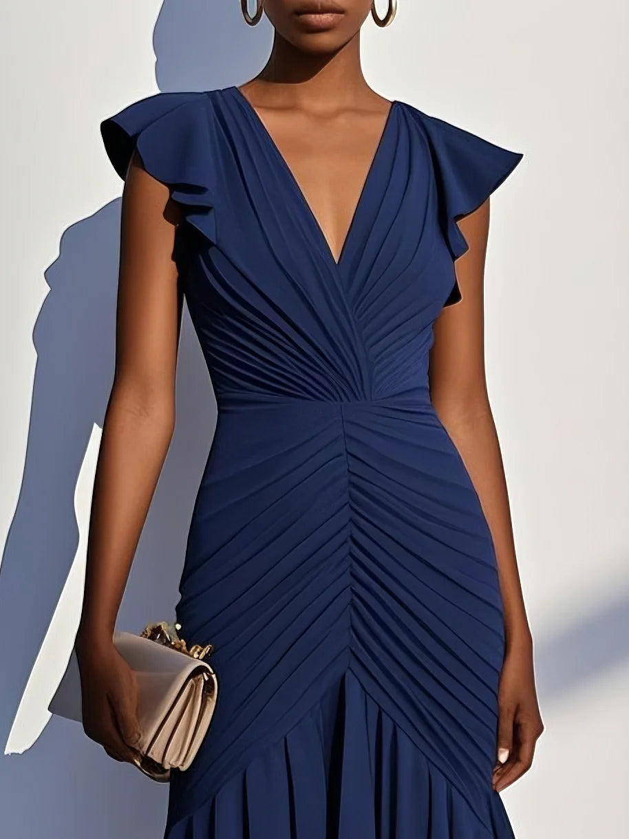 Purplish Blue Shirred Ruched Chiffon Lotus Leaf Collar Cap Sleeve Ruffle Sleeve Mermaid Midi Dress