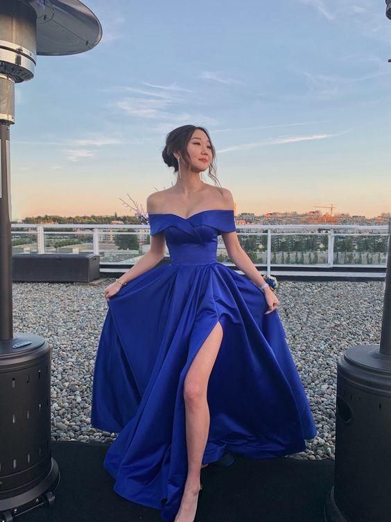 Royal Blue Long Prom Dresses Off Shoulder Backless Formal Party Gown for Wedding