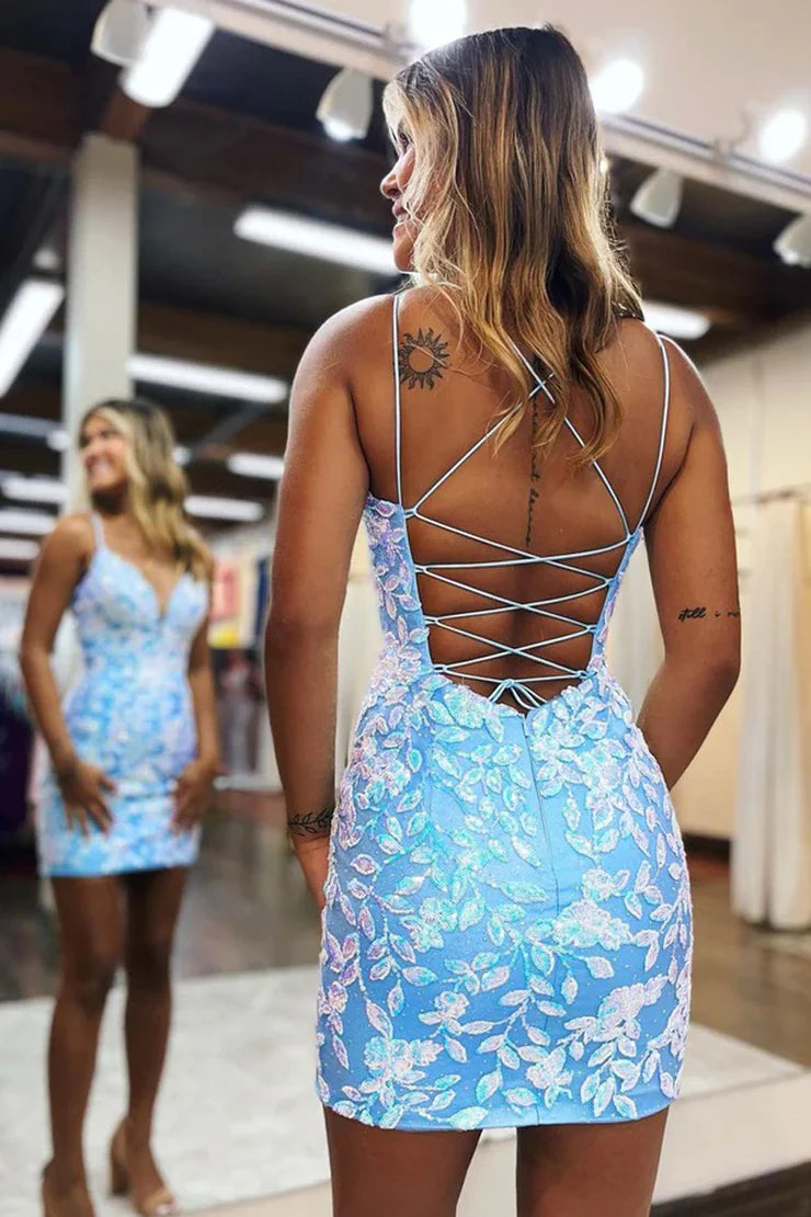 Cute Bodycon V Neck Light Blue Lace Sequins Homecoming Dresses