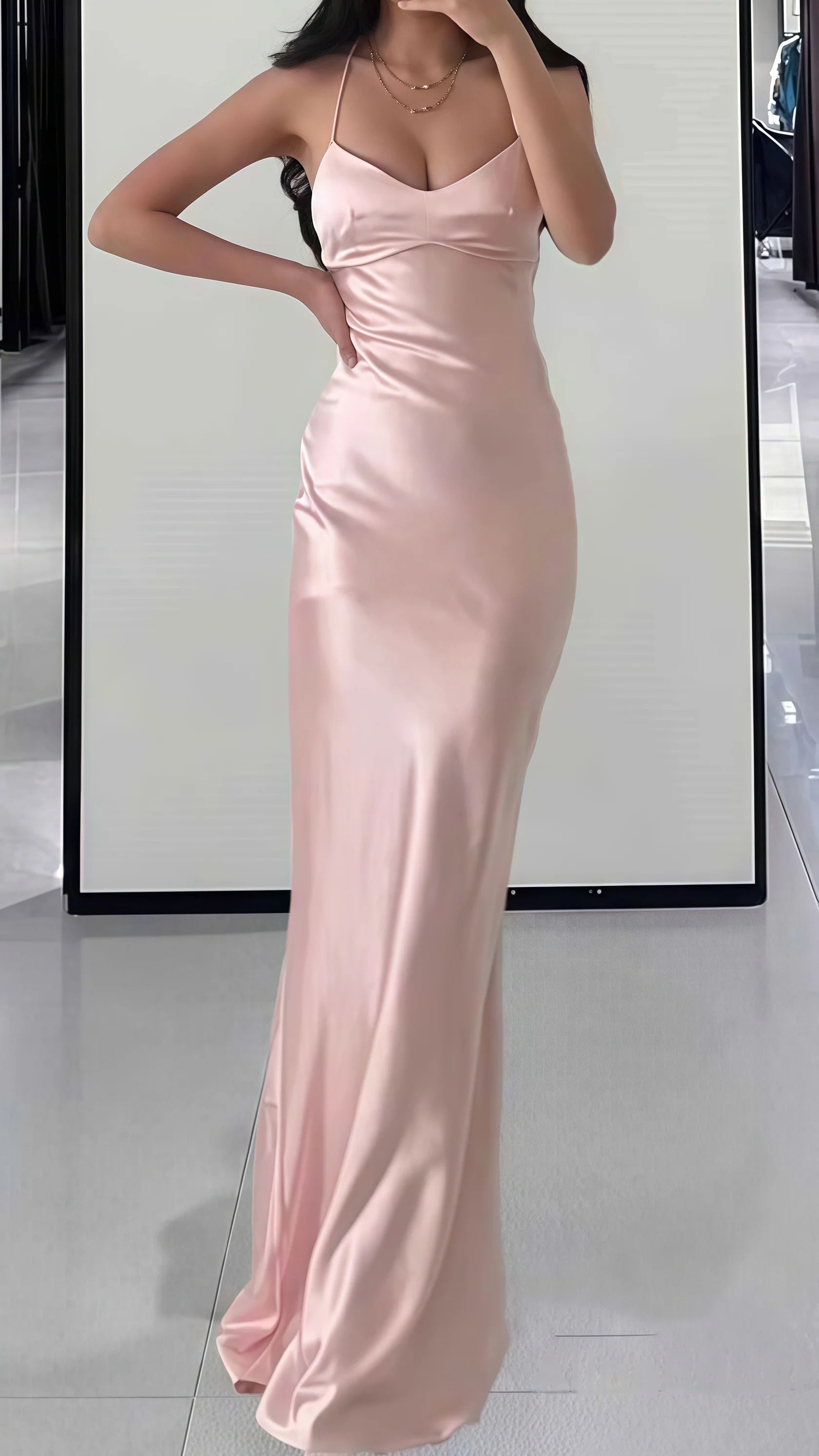 Light Pink Bodycon Long Prom Dresses With Cross Back