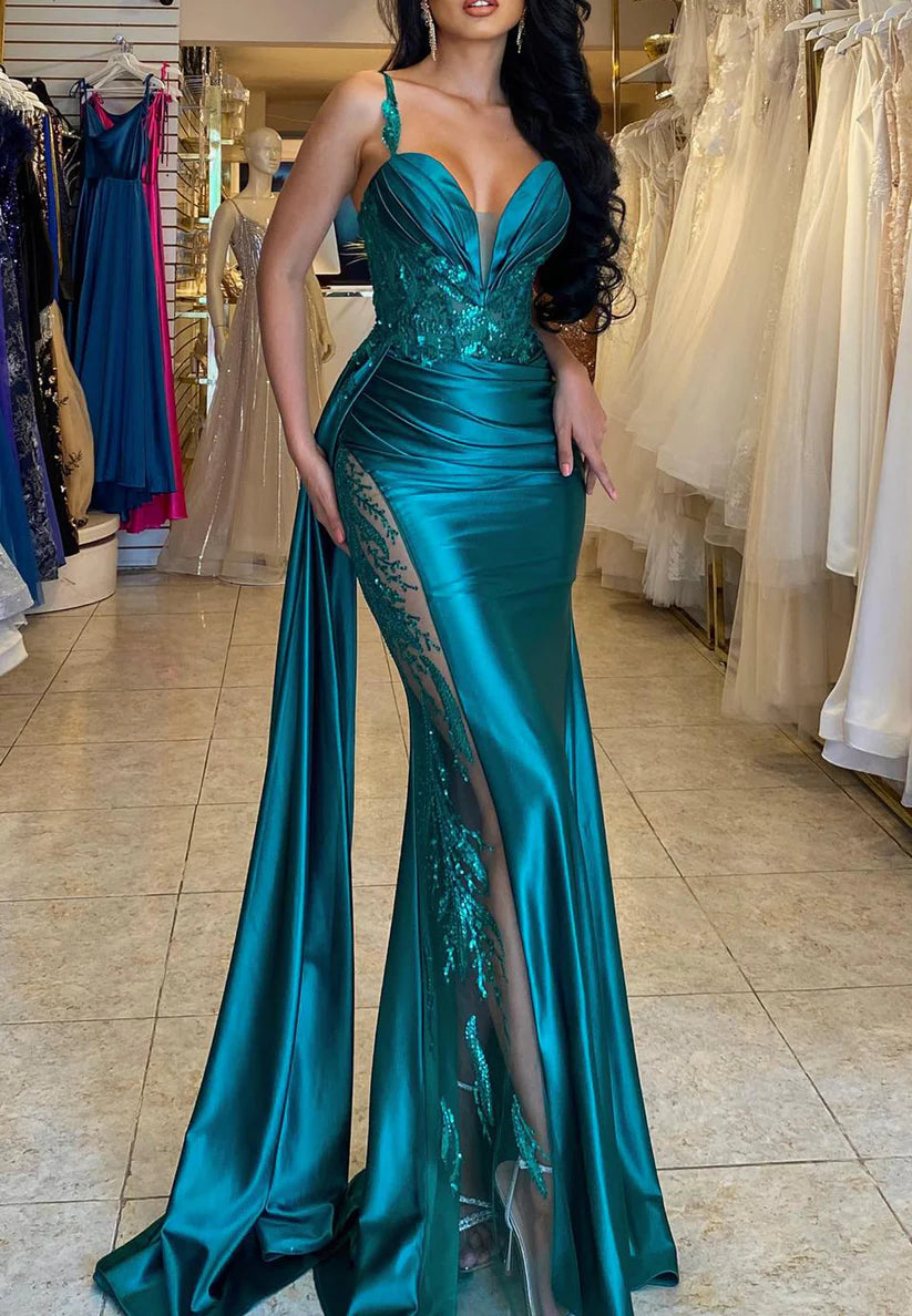 V-Neck Sleeveless Appliques Sheath Ruched Prom Dress Simple gentle beautiful and unique design