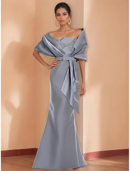 Blue Black Mermaid / Trumpet Evening Gown Elegant Dress Formal Wedding Floor Length Short Sleeve Spaghetti Strap Belt Satin with Ruffles Shawl