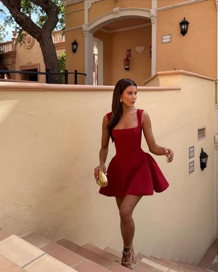 Wine red square neck mini dress sexy high waisted party dress Homecoming Dress