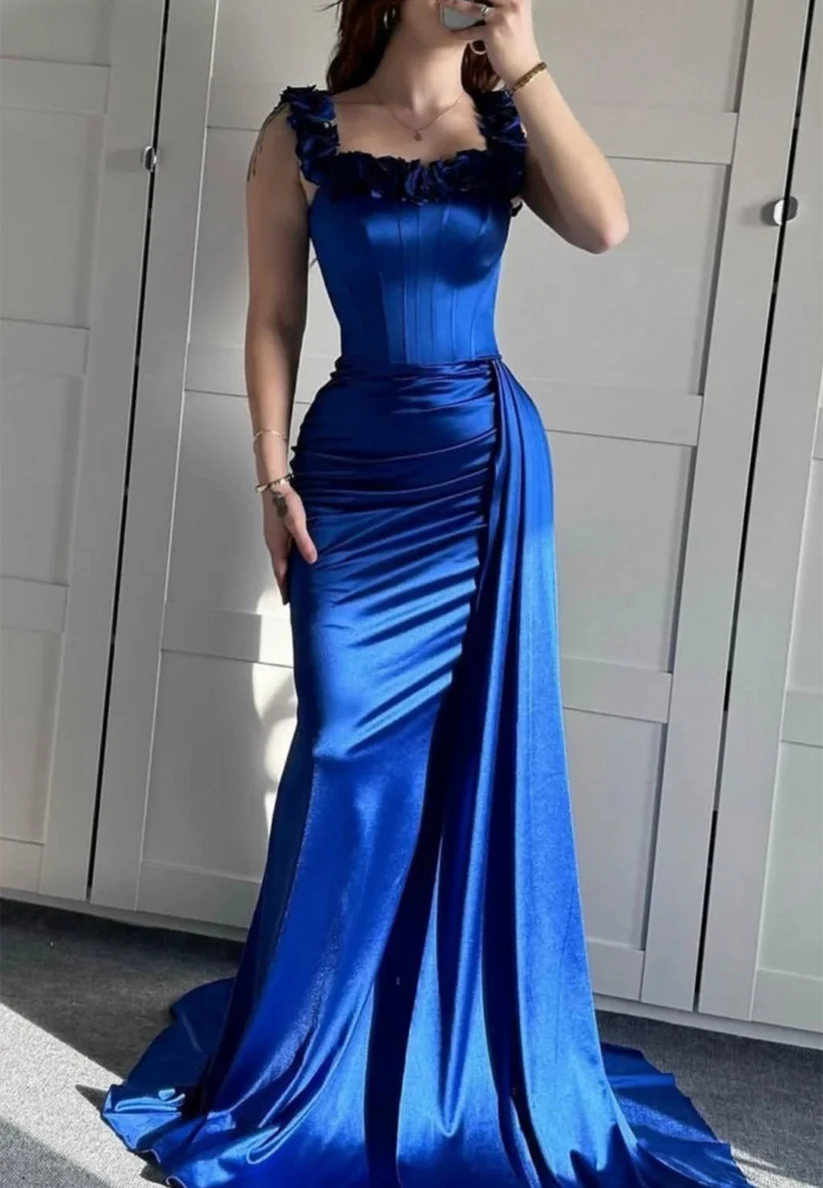 Square Sleeveless 3D Floral Ruched Sheath Prom Dress Simple gentle beautiful and unique design