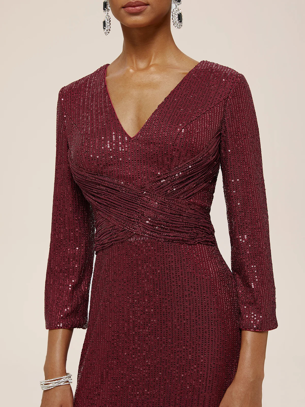 Simple beautiful generous and full of charm Red Ruched Sequin V Neck Three Quarter Sleeve Sheath Maxi Dress
