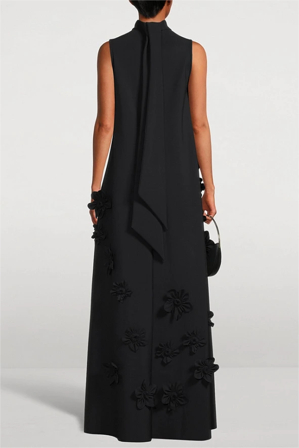 3D Floral High Neck Sleeveless Maxi Dress Black Simple atmospheric beautiful and unique desi