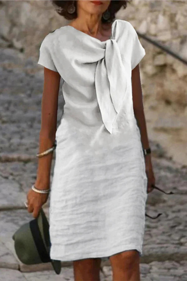 Linen Blend Solid Short-sleeved Adjustable Tie-neck Mini Dress Charming and unique design Beautiful generous simple