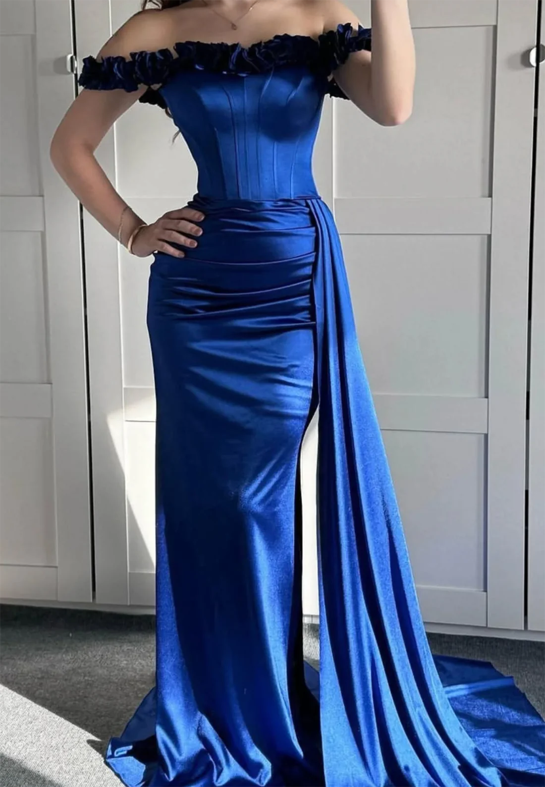 Square Sleeveless 3D Floral Ruched Sheath Prom Dress Simple gentle beautiful and unique design