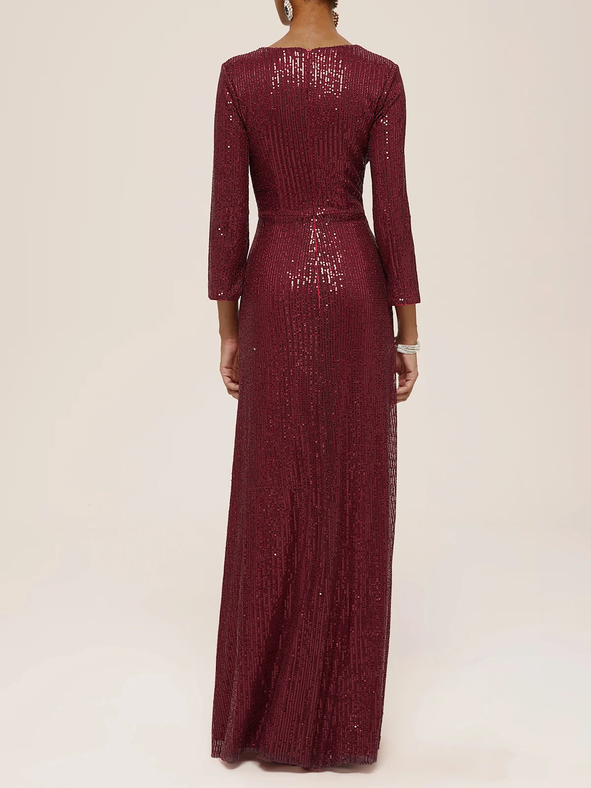 Simple beautiful generous and full of charm Red Ruched Sequin V Neck Three Quarter Sleeve Sheath Maxi Dress