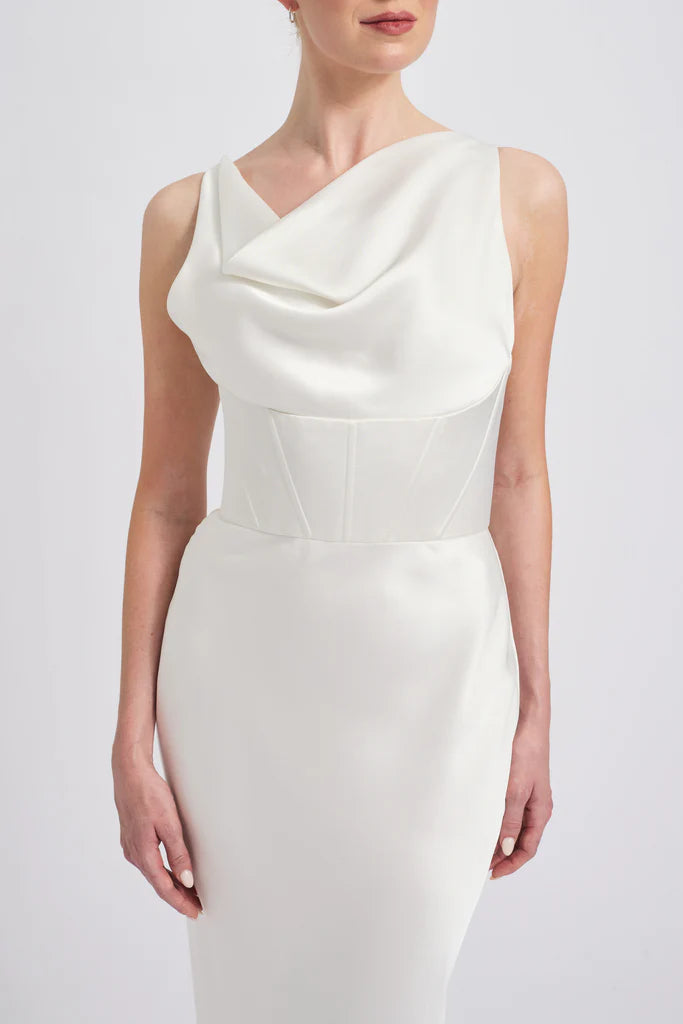 Fluid satin cowl neck bias dress with corset detail Shown in Ivory Simple atmo spheric beautiful and unique desig