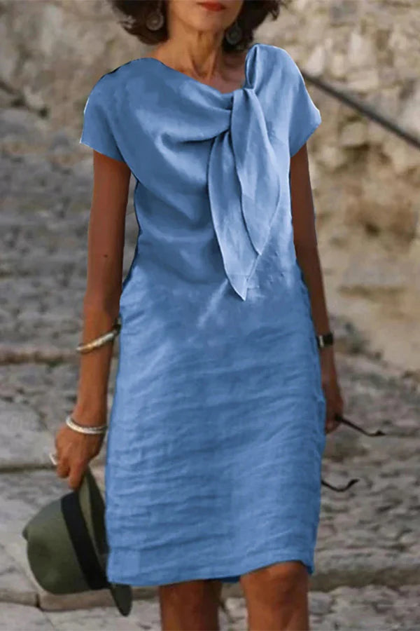 Linen Blend Solid Short-sleeved Adjustable Tie-neck Mini Dress Charming and unique design Beautiful generous simple