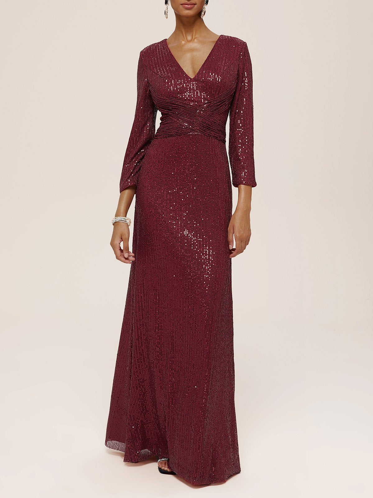Simple beautiful generous and full of charm Red Ruched Sequin V Neck Three Quarter Sleeve Sheath Maxi Dress